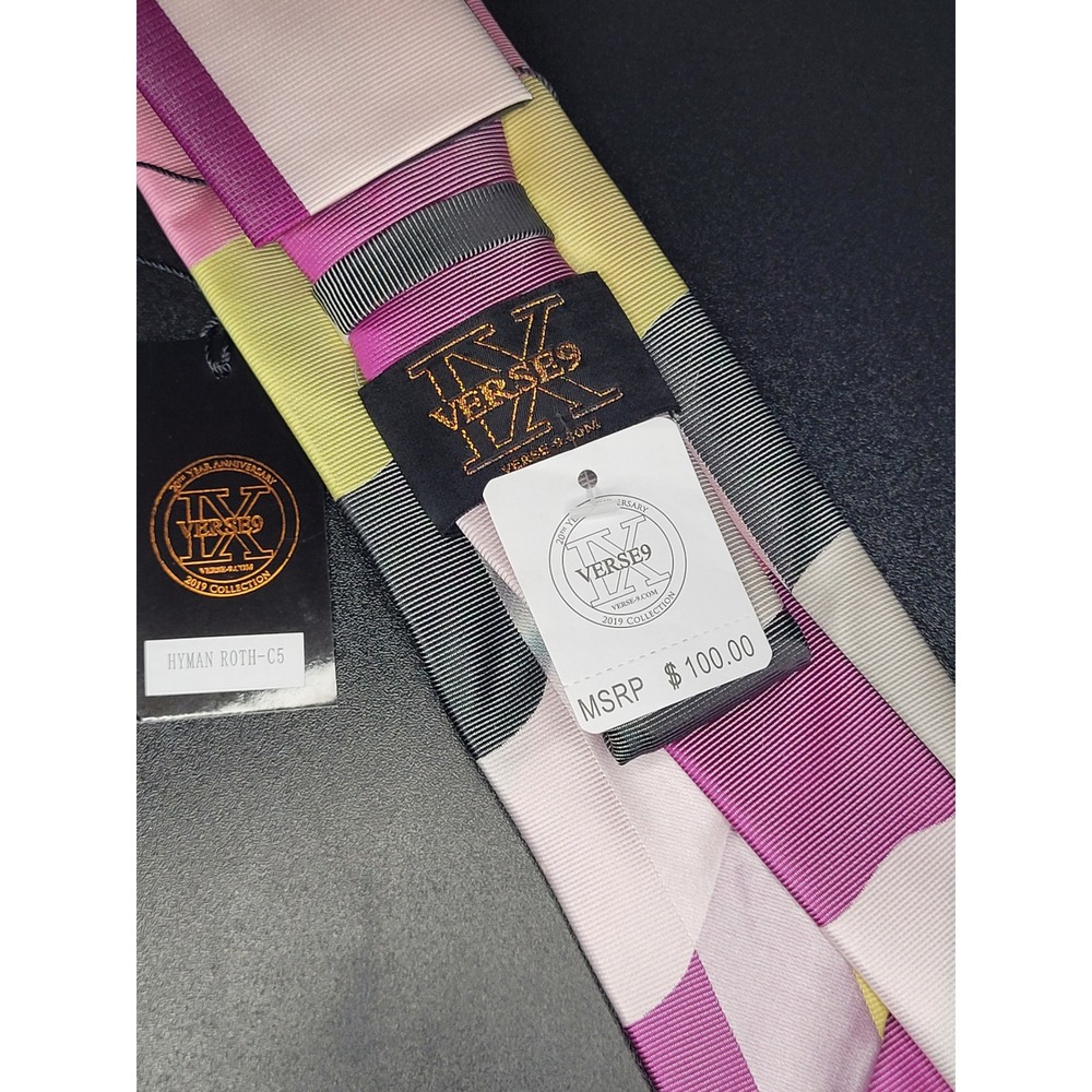Verse 9 Tie Pocket Square Set Pink Multicolor Wavy Stripe Silk NWT